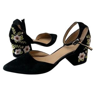 Franco Sarto Sandal Black Suede Floral‎ Embroidered Ankle Strap Heels Womens  9M